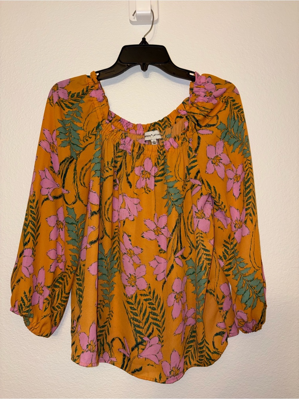 Gibson x Latimer Floral Print Peasant Blouse Orange Pink Long Sleeve Top Size S